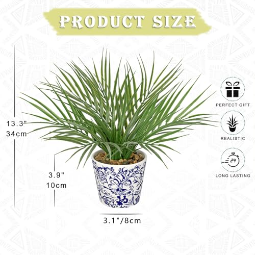 Hollyone Large Artificial Potted Plants Fake Palm Plants 13" Faux Green Plant Plastic Tropical Palm Tree in Blue and White Porcelain Ceramic Pots for Home Room Office House Indoor Decoration - color: 13" Palm Potted-blue & White Pot