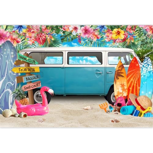 Beach Backdrop Tropical Backdrop Party Decorations 10x8ft Summer Hawaii Blue Truck RV Surfboard Background Luau Party Banner Studio Props Vinyl - color: White Blue, size: 10x8ft (300x240cm)