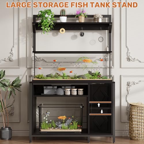 kepptory 40-50 Gallon Diamond Fish Tank Stand with Power Outlet, Heavy Duty Aquarium Cabinet with Display Shelf and 4 Hooks, Suitable for Turtle Tank, Reptile Terrarium for Home Office (Classic Black) - color: Black, size: 40.9"L x 20.5"W x 69.1"H
