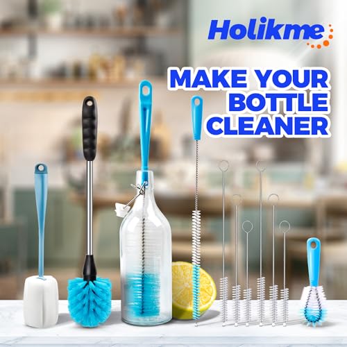 Holikme Bottle Brush Tube Cleaning Lab Set with Long Handle, Cup Cleaner for Washing Narrow Neck Beer Wine Decanter Pipes Lids Sinks Cap Covers, Azul - color: Azul