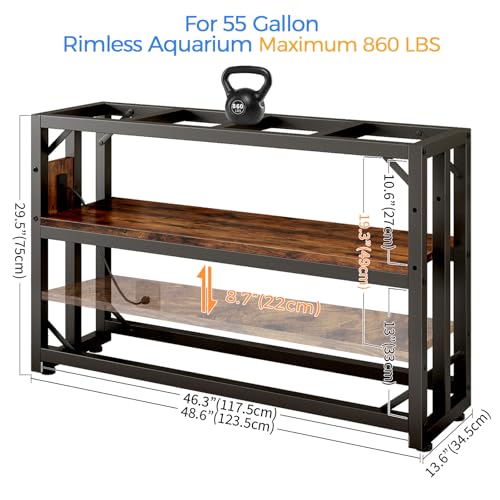 55 Gallon Fish Tank Stand with Power Outlet,Adjustable Aquarium Stand, Heavy Duty Terrarium Stand,Metal Frame Reptile Turtle Tank Stand Suitable for Home Office,860LBS Capacity, Rustic Brown - color: Rustic Brown, size: 55 Gallon