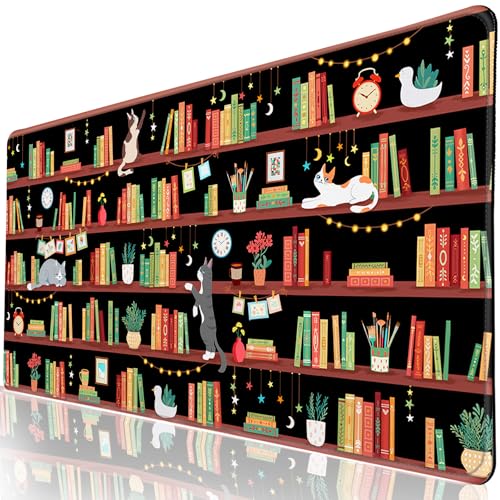 Desk Mat, Desk Matt for Desktop Bookshelf Cat XXL Extended Large Gaming Mouse Pad for Desk, Anti-Slip Desk pad Mat with Stitched Edges, Keyboard Mouse Mat for Computer, Work, Office, Gaming - color: Bookshelf Cat, size: 31.5" x 15.7"