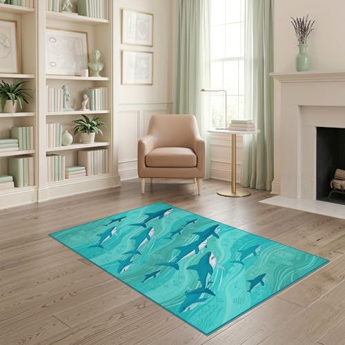 4'x6' Washable Graphic Shark Area Rug, Seafoam Green Flatwoven Floor Mat for Home Office, Gaming Room, Under Desk, Non-Slip Chair-Friendly Carpet | Ref:2068648 - color: Blue/Pattern 12, size: 4' x 6' (Rectangular)
