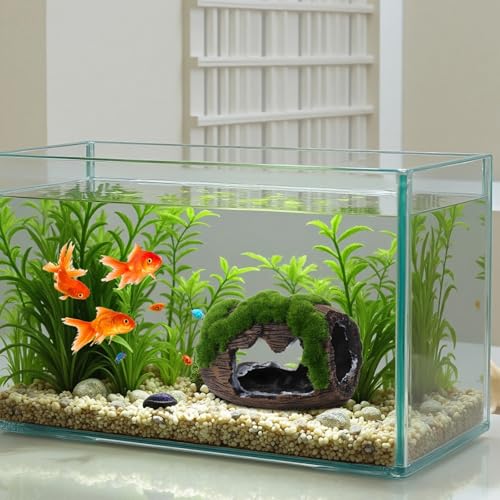 Resin Fish Cave, 4.7 in Barrel Fish Tank Ornament with Mossy Accent, Vintage Wine-Barrel Style, for Fish & Shrimp, Brown