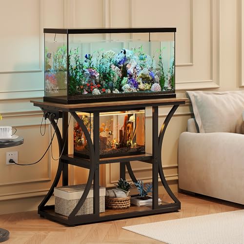 50 Gallon Aquarium Stand with Power Outlets Fish Tank Stand with 3-Tier Storage Shelves Display Stand for Turtle Tank Shelves Metal Frame Stand for Living Room Office Entryway,Brown - color: Brown