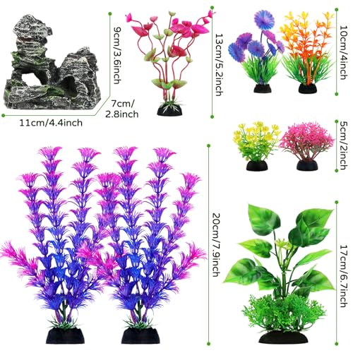 QUOZUO Fish Tank Accessories Aquarium Decorations Plants, 9pcs Colorful Fish Tank Artificial Plants and Cave Rock Decor Set, Aquarium Decor Plastic Plants