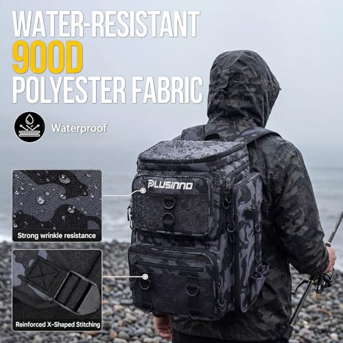PLUSINNO Fishing Tackle Backpack with Rod Holders，42L Water-resistant Fishing Bag Store Fishing Gear, Fisher Gifts For Men. - color: Black Camouflage.