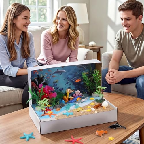 60 Pcs Ocean Diorama Kit Habitat Project Box Set 3D Ocean Diorama Supplies Include Under The Sea Animals Figures Artificial Coral Seagrass with Cardboard for DIY Crafts Gifts - color: Classic