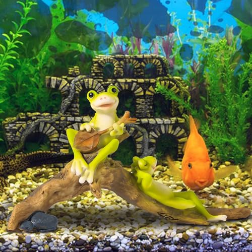 Resin Frog Aquarium Ornament with Musical & Relaxing Frogs on Branches - Perfect for Fish Tank Decor