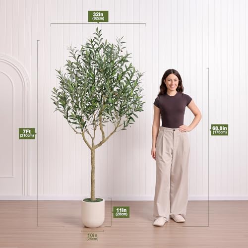 VeriNatural Artificial Olive Tree 7ft, Tall Faux Olive Trees with Planter, Potted Large Artificial Plants Indoor - Realistic Leaves & Fruits, Silk Fake Tree for Home Office Decor - size: 7ft