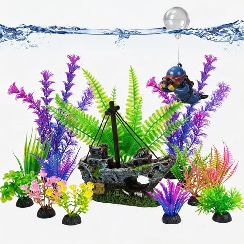 Fish Tank Decor Set with Shipwreck Decoration, Little Diver Floating & 13 Aquatic Artificial Plants - Betta Plants & Hiding Spots for Aquariums and Small Fish Tank Accessories