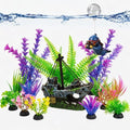 Fish Tank Decor Set with Shipwreck Decoration, Little Diver Floating & 13 Aquatic Artificial Plants - Betta Plants & Hiding Spots for Aquariums and Small Fish Tank Accessories
