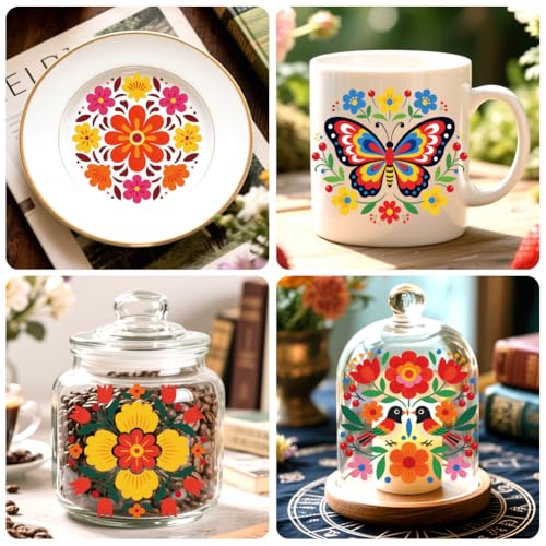 Peacoblue 18 Sheets Rub on Transfers for Crafts, Mexican Flowers 3.6"x3.9" UV DTF Cup Wraps Waterproof Cold Transfers Stickers for Wood Glass Metal Cup Tumblers Mirrors Mugs Home Decor - style: Mexican Flowers