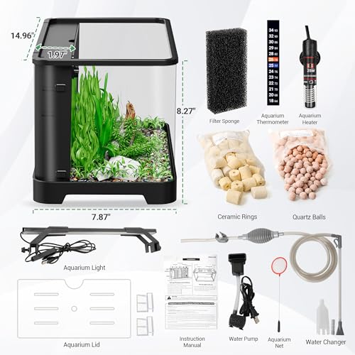 3.5 Gallon Betta Fish Tank, All in One Aquarium Starter Kits with Back Filter, Adjustable Pump, 25W Heater, Thermometer Strip, LED Light with Timer & Water Changer Kit, Nano Fish Tank, AIO Aquarium