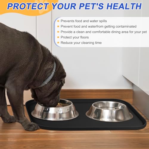 SMILOOL Silicone Pet Food Mat with Raised Edge for Food and Water Bowl, Dog Feeding Mats, Cat Food Trays for Floor Waterproof, Rubber Tray for Dogs and Cats, 19 x 12 x 0.7 Black - color: Black, size: 19"L x 12"W