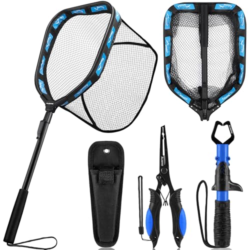 PLUSINNO Floating Fishing Net for Steelhead, Salmon, Fly, Kayak, Catfish, Bass, Trout Fishing, Rubber Coated Foldable Landing Net with Fixed or Telescoping Pole Handle, Fishing Gear and Gifts for Men - color: 11.8"/30cm Hoop Size 0.8M Blue (Fixed Pole)Wit
