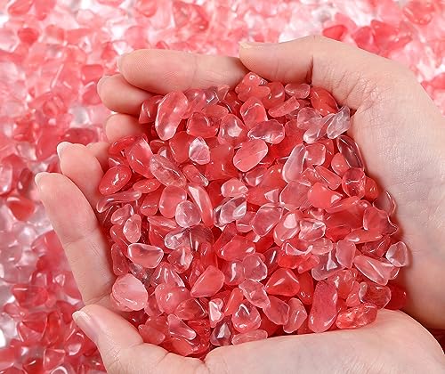 QINJIEJIE Cherry Quartz Crystals Chips Natural Stone Gravel Bulk Crushed Rocks Pieces Polished Quartz Stone 0.55Lbs Decorative Fish Tank Pebbles Vase Filler Irregular Shaped Tumbled Gemstone for Home - color: Cherry Quartz, size: 0.55 Pound