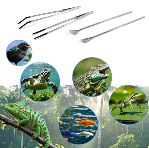 4 Pcs Reptile Feeding Tools Set with Silicone Tips - Extra Long Straight&Curved Tongs, Spoons - Stainless Steel Terrarium Feeder Kit for Bearded Dragons, Lizards, Snake, Spiders, Aquarium