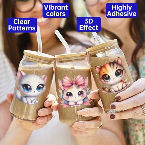 UV DTF Cup Wrap for 16oz Glass, 12 Sheets Cute Cat Theme UV DTF Decals, Tumblers, Rub on Transfer Stickers - style: Cute Cat Theme