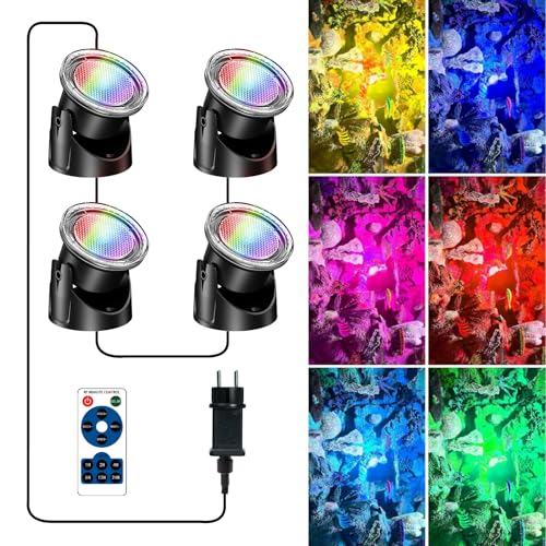 POPOSOAP RGB Underwater Pond Lights, IP68 Waterproof LED Pond Lights with Remote, Timer & Memory Function Fountain Lights for Pond Fountain Waterfall Aquarium Swimming Pool Outdoor Decoration 4-Head - size: 4 RGB Lights-Corded Electric