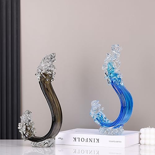 LCCCK Blue Glass Beach House Decor, Hand Blown Ocean Wave Decorate, Tall Blue Glass Sculpture Home Decor, Ocean Wave Fused Art Figurines, for Sea Art Beach Coastal Nautical Office Surfers Gifts