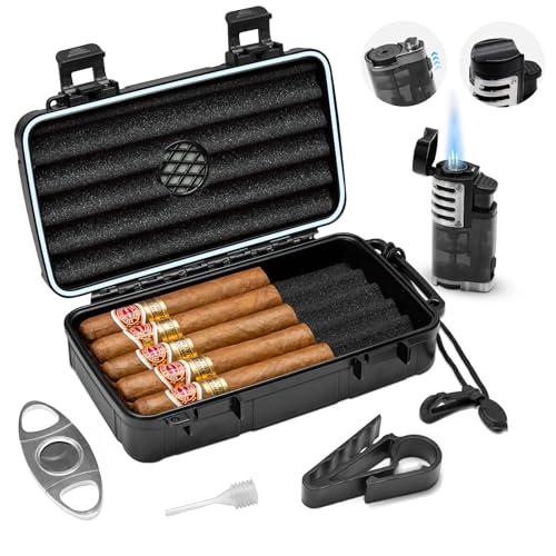 Flauno Travel Cigar Humidor Case - Portable Humidor Kit with Lighter (Without Gas), Cutter, Holder, Humidifier & Dropper, Waterproof, Crushproof, Airtight Seal (Holds up to 10 Cigars) - size: Holds up to 10 Cigars with Cigar Lighter