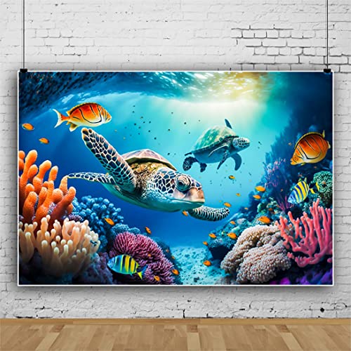 Yeele 10x6.5ft Sea Turtles Backdrop for Photography Underwater World Tropical Fishes Reef Coral Background Under The Sea Aquarium Decoration Vinyl Home Office Wallpaper - size: 10x6.5ft