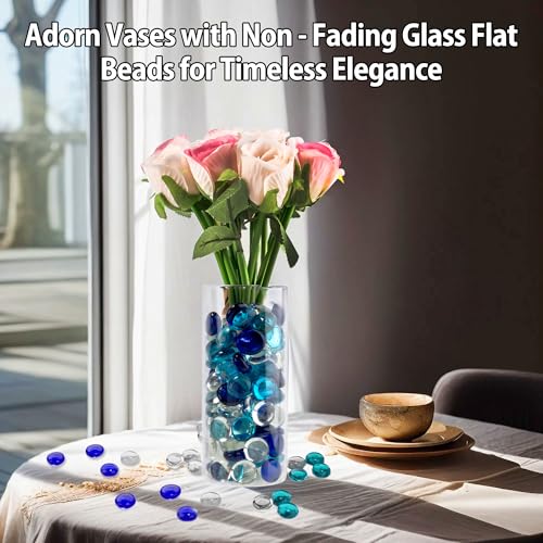 1LB Mixed Blue Glass Marbles, Transparent and Smooth Flat Glass Beads for Vases, Mosaic Gem Pebbles for Aquarium Decor, Floral Arrangements, Mancala Stones, Vase Filler and Crafts (Approx. 80-100 PCS) - color: Mixed Blue