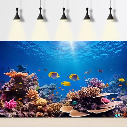 Underwater Coral Reef Haven Aquarium Background Under The Sea Colorful Tropical Fish Terrarium Background Deep Ocean Gorgeous Coral Reefs Marine Life Fish Tank Backdrop Wallpaper Poster 24x12in - color: Tropical Blue, size: 24(W)x12(H)in