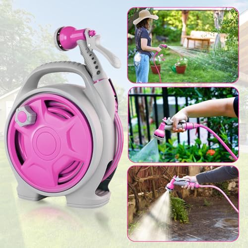 50FT Retractable Garden Hose Reel, Lightweight & Portable Hose Reel with 6 Patterns Spray Nozzle, Suitable for US Standard Hose Connection - color: Light Pink