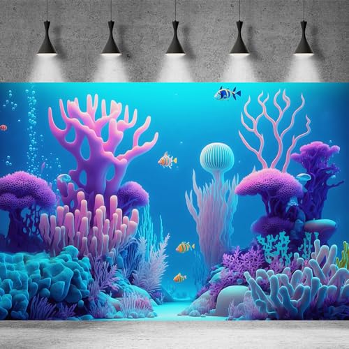 Underwater Landscape Aquarium Background Cartoon Style Pink Corals and Striped Fish Terrarium Background Tropical Colourful Fish Marine Sun Rays Fish Tank Backdrop Poster Decorations Vinyl 24x12in - color: Pure Blue, size: 24(W)x12(H)in