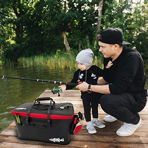 FISHERNOMICS Collapsible Fishing Bucket with Air Pump - Live Bait Bucket with Aerator (6 Gallon/10 Gallon) - Leak Proof with Side Pocket & Shoulder Strap | Durable & Sturdy (BLK/RD R23 Pump, Medium) - color: Black/Red R23 Pump, size: Medium