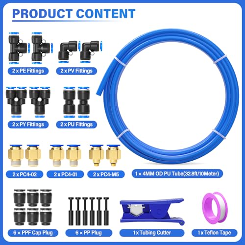 TAILONZ PNEUMATIC Blue 4MM or 5/32 Inch OD 10 Meter 32.8ft PU Polyurethane Air Tubing Kit Pipe Hose Air Line Tubing Air Hose Fittings Push to Connect Fittings(29PCS) - color: Blue, size: 5/32" OD - 32.8 FT