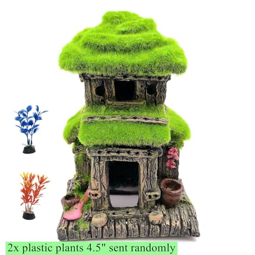 M2cbridge Aquarium Decorations Fish Hideout House Betta Cave with Green Lifelike Moss (Style 3) - style: Style 3