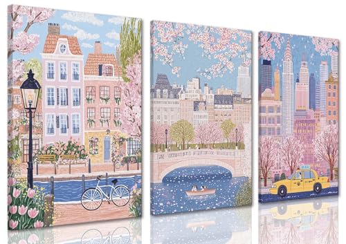XLARTMY Watercolor City Landscape Travel Wall Art Canvas Framed Pink Cherry Flower Poster Girly Prints Painting Pictures Set of 3 for Bedroom Living Room Office 16x24in - color: Watercolor City PB, size: 16x24in Canvas