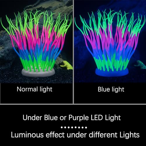 Fish Tank Decorations Fluorescent Rainbow Anemone Aquarium Decor Aquatic Plants Betta Fish Tank Decor Silicone Ornament Glowing Effect for Fish Tank Landscape Decoration, for Halloween(Y)