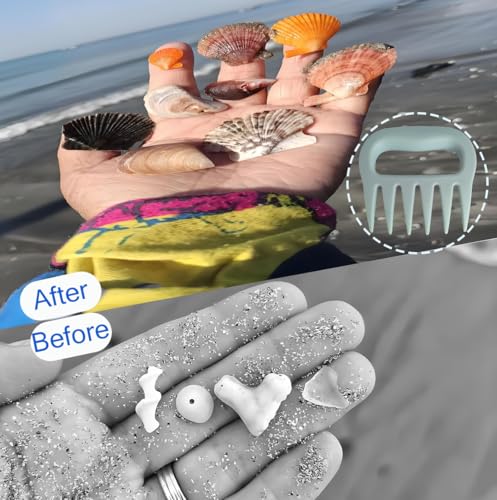 2PCS Sand Scoop with Shovel Sand,Flea Rake with Beach Mesh Bag,Shark Teeth Digger for Sand&Beach,Plastic Beach Digging Tools for Picking Up Shells