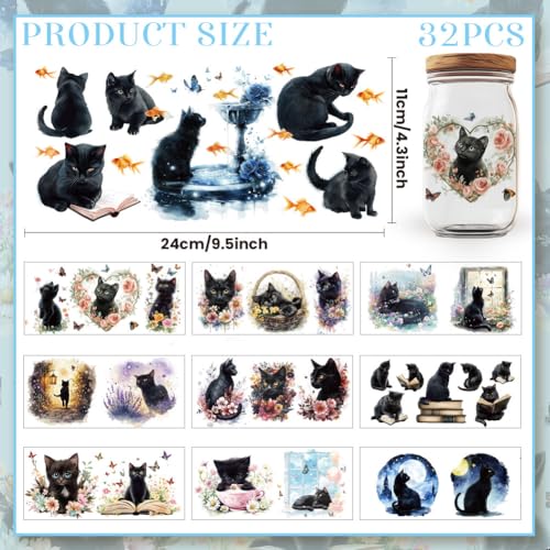 32 Pcs Black Cat UV DTF Cup Wraps for 16OZ Glass, Kitten Theme UV DTF Transfer Stickers Decals Pet Animals Waterproof Rub on Transfer Stickers for Glass Bottle Vase Furniture Crafts - style: Black Cat