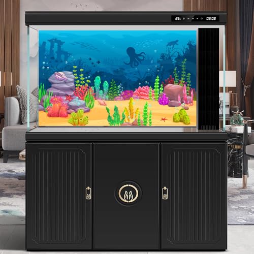 Cartoon Underwater Landscape Aquarium Background Sea Water Animals Ocean Coral Reef Game Level Terrarium Background Blue Waves with Fish Octopus Sea Turtle Ocean Theme Fish Tank Backdrop 24x12in - color: Sea Dark Blue, size: 24(W)x12(H)in