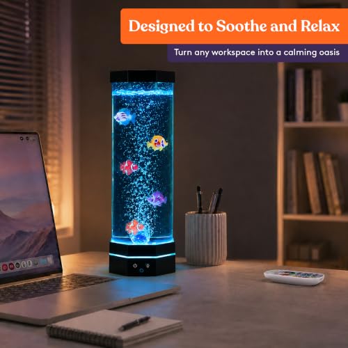 Special Supplies Aquarium Sensory Fish Bubble Light Tube with 16 LED Color Changing Nightlight Effect, Remote Control, and 5 Fish, Colorful Desk Standing Lamp