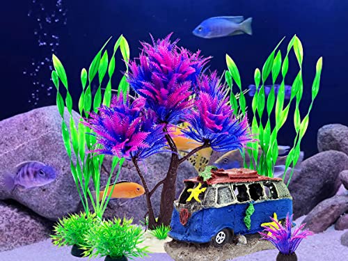 6PCS Fish Tank Aquarium Decorations Plastic Plants with Resin Cave Rock for Fish Hideout (Purple Set) - color: Purple & Green
