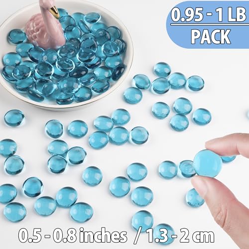 Sea Blue Glass Marbles, 0.97 LB Transparent and Smooth Flat Glass Beads for Vases, Mosaic Gem Pebbles for Aquarium Decor, Floral Arrangements, Mancala Stones, Vase Filler and Crafts,Approx. 80-100 PCS - color: Sea Blue