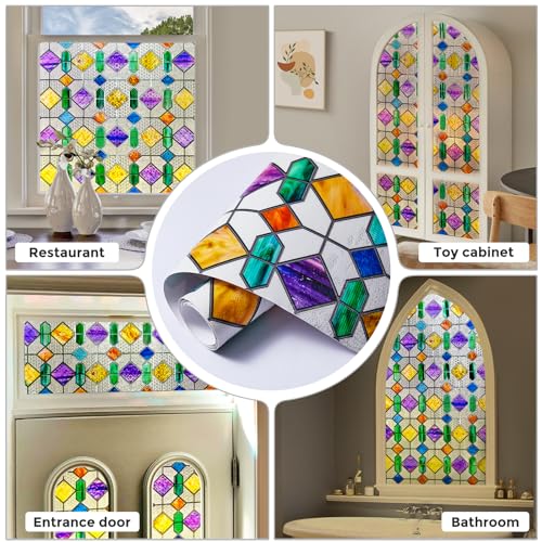 Coavas Stained Glass Window Privacy Film : Upgrade 3D Decorative Rainbow Window Clings Sun UV Blocking Bathroom Frosted Decals