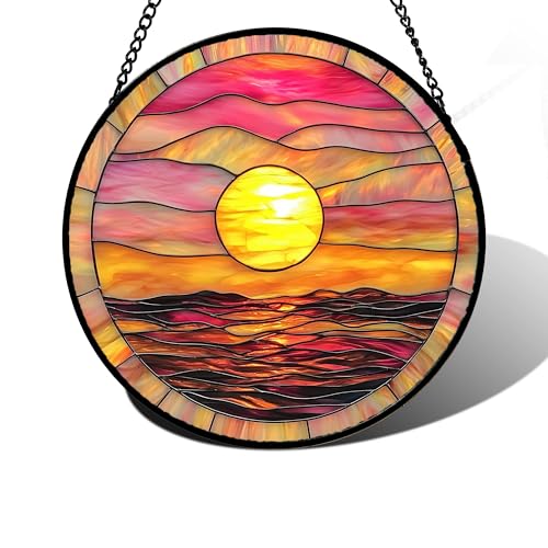 DASTOLL Stained Glass Window Hanging, Sunrise Sea Surface Sun Catchers Diamond Glass Panel Hangings Abstract Suncatcher Decor for Birthday for Women, Men, Wife, Aunt, and Mom 6.3 in - color: Gold, size: 6.3x6.3 IN