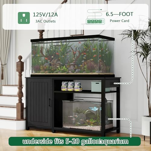 55-75 Gallon Aquarium Stand with Power Outlets & LED Light, Cabinet for Fish Tank Accessories Storage - Metal Fish Tank Stand Suitable for Turtle Tank, Reptile Terrarium, 880LBS Capacity, Black