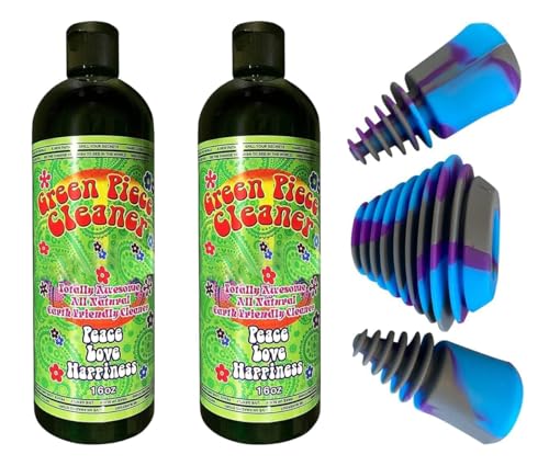 Green Piece® Glass Cleaner 2 Bottles (Made in USA)-16 oz with 1Purple Psychedelic Plug Set - Excellent for Cleaning and Smell Proofing - style: 16 Fl Oz (Pack of 2) + 3 Purple Psychedelic Plugs