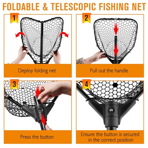Rubber Fishing Landing Nets Telescopic Handle Nets Folding Nets with Collapsible Handle for Catch & Release Fishing Gift 17.6" dia-13.7" Depth Black/Orange
