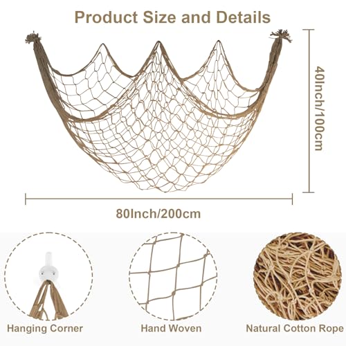 2 Pack Fish Net Decorations - 80x40 Inch Brown Fishing Net Decor for Under The Sea Hawaiian Beach Themed Party, 3mm Thick Natural Cotton Versatile Nautical Netting for Party Wall Table Ceiling Decor - color: Caramel, size: Large - 2 Pack