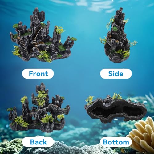 Aquarium Ornaments View Mountain,Fish Tank Decorations Resin Rock Landscape Artificial Stone Aquarium Decor with Plant Cave for Small Fish Shrimp