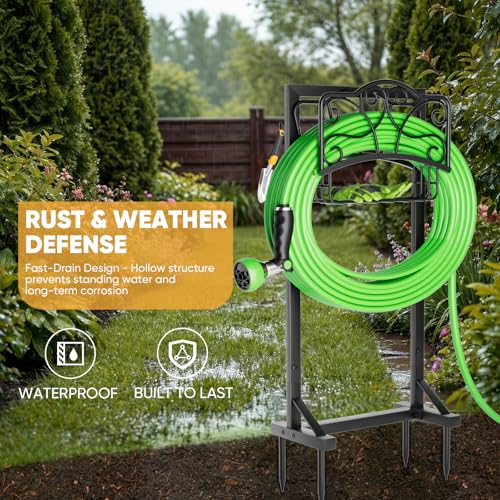 Heavy-Duty Garden Hose Holder with Storage Basket and Tool Hooks, XEAPOMS Stable Hose Hanger Metal Garden Hose Storage Holds 160Ft, Rustproof Freestanding Water Hose Holder for Outside,Yard,Lawn,Farm - color: Black